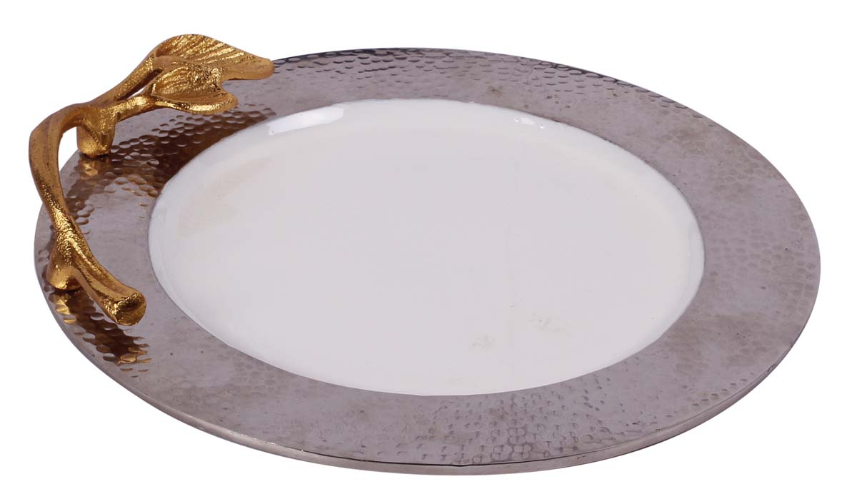 Buy in Bulk Wholesale 12” Round Decorative Metal Tray with Leaf Handle & Hammer Effect - Hand-Enamelled - White Silver - Modern Home Decor